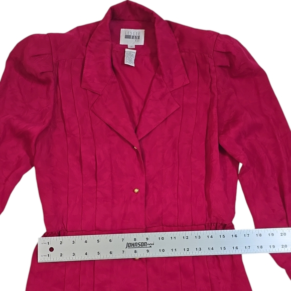 Vintage Leslie Fay Petite Dress 10 Red Fuchsia Pleat Button Down Long Sleeve - Picture 8 of 9
